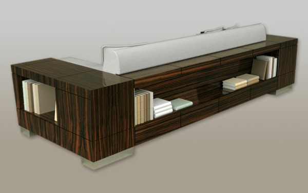 Khoang trống của sofa được tận dụng làm kệ đồ và tủ giầy