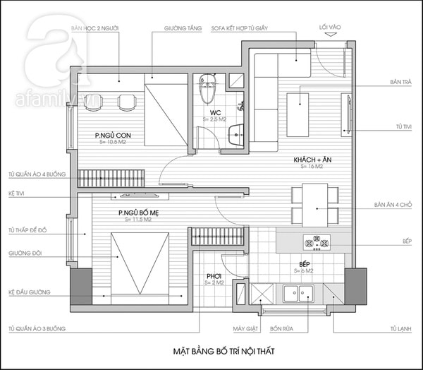 Mặt bằng căn hộ chung cư 50m2