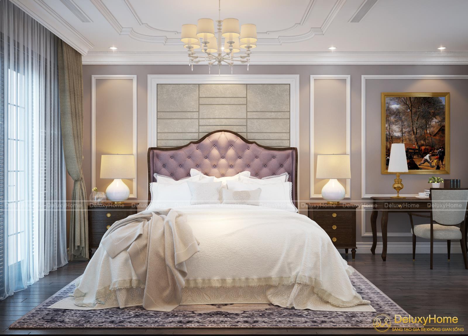 Thiết kế thi công nội thất phòng ngủ master theo phong cách tân cổ điển nhà biệt thự